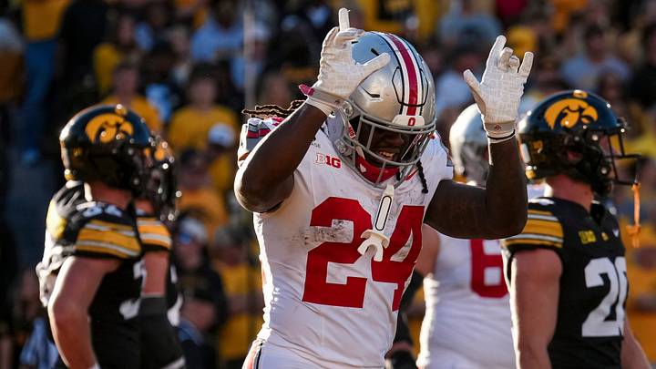 Ohio State Buckeyes running back Ja'kobi Jackson (24) celebrates a touchdown during the NCAA football game aio at Kinnick Stadium in Iowa City on Oct. 3, 2026. Ohio State Buckeyes running back Ja'kobi Jackson (24) celebrates a touchdown during the NCAA football game aio at Kinnick Stadium in Iowa City on Oct. 3, 2026.
