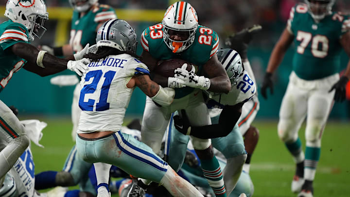Dec 24, 2023; Miami Gardens, Florida, USA; Dallas Cowboys cornerback Stephon Gilmore (21) brings