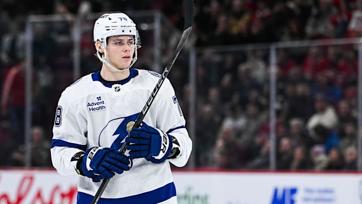Jan 21, 2025; Montreal, Quebec, CAN; Tampa Bay Lightning defenseman Emil Lilleberg (78) looks on against the Montreal Canadiens during the second period at Bell Centre. Mandatory Credit: David Kirouac-Imagn Images