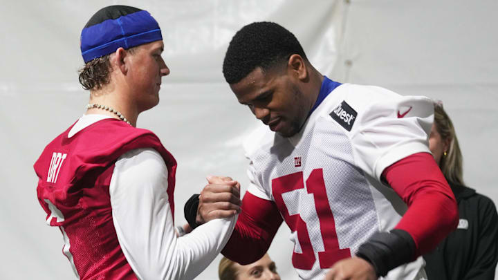 Eat Rutherford, NJ -- May 9, 2025 -- Jaxson Dart with Abdul Carter after Carter spoke to the media following practice at Giants Rookie Minicamp. Eat Rutherford, NJ -- May 9, 2025 -- Jaxson Dart with Abdul Carter after Carter spoke to the media following practice at Giants Rookie Minicamp.
