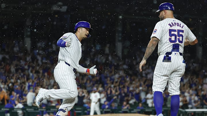 Aug 1, 2024; Chicago, Illinois, USA; Chicago Cubs outfielder Seiya Suzuki (27) rounds the bases after hitting a solo home run against the St. Louis Cardinals during the sixth inning at Wrigley Field. Mandatory Credit: Kamil Krzaczynski-Imagn Images Aug 1, 2024; Chicago, Illinois, USA; Chicago Cubs outfielder Seiya Suzuki (27) rounds the bases after hitting a solo home run against the St. Louis Cardinals during the sixth inning at Wrigley Field. Mandatory Credit: Kamil Krzaczynski-Imagn Images