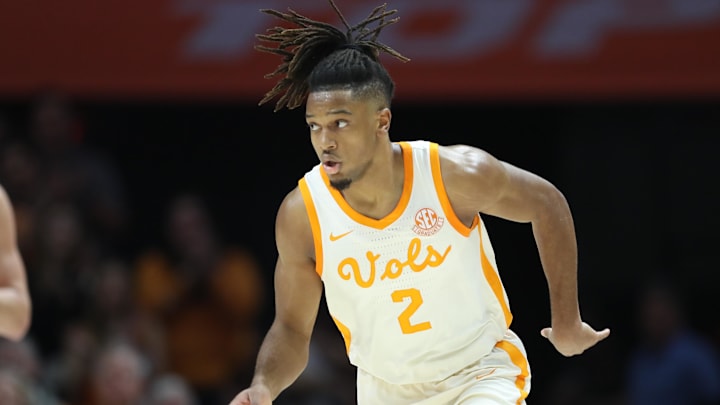 Feb 15, 2025; Knoxville, Tennessee, USA; Tennessee Volunteers guard Chaz Lanier (2) reacts to a play against the Vanderbilt Commodores during the first half at Thompson-Boling Arena at Food City Center. Mandatory Credit: Randy Sartin-Imagn Images