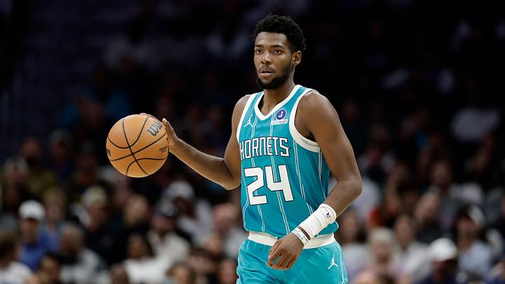 Oct 24, 2026; Charlotte, North Carolina, USA;  Charlotte Hornets forward Brandon Miller (24) brings the ball up the court during the second quarter against the Miami Heat at Spectrum Center.  Mandatory Credit: Brian Westerholt-Imagn Images