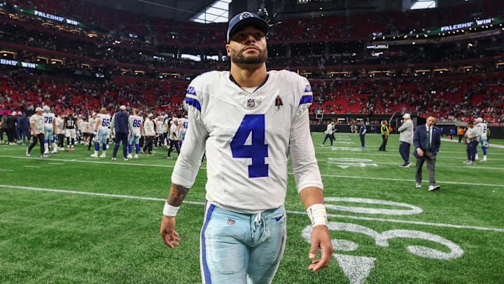 Nov 3, 2024; Atlanta, Georgia, USA; Dallas Cowboys quarterback Dak Prescott (4) walks off the field after a game against the Atlanta Falcons at Mercedes-Benz Stadium. Mandatory Credit: Brett Davis-Imagn Images
