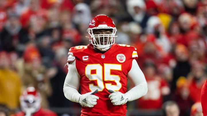 Jan 26, 2025; Kansas City, MO, USA; Kansas City Chiefs defensive tackle Chris Jones (95) against the Buffalo Bills during the AFC Championship game at GEHA Field at Arrowhead Stadium. Mandatory Credit: Mark J. Rebilas-Imagn Images Jan 26, 2025; Kansas City, MO, USA; Kansas City Chiefs defensive tackle Chris Jones (95) against the Buffalo Bills during the AFC Championship game at GEHA Field at Arrowhead Stadium. Mandatory Credit: Mark J. Rebilas-Imagn Images