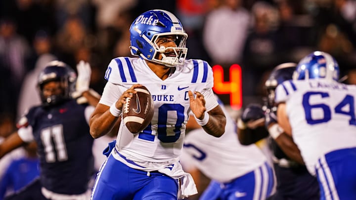 Nov 8, 2025; East Hartford, Connecticut, USA; Duke Blue Devils quarterback Darian Mensah (10) throws a pass against the UConn Huskies in the second half at Pratt & Whitney Stadium at Rentschler Field. Mandatory Credit: David Butler II-Imagn Images