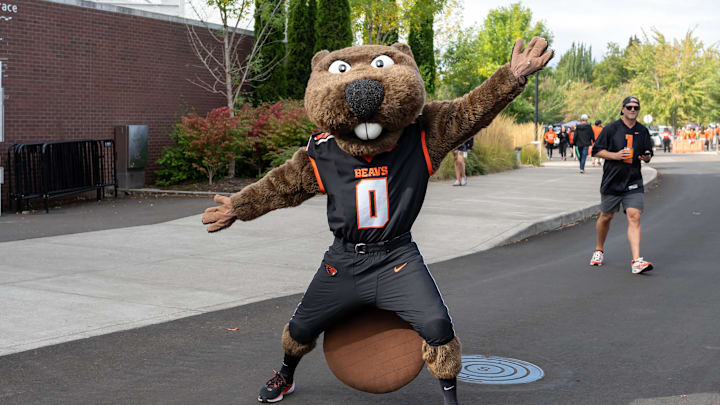 Sep 14, 2024; Corvallis, Oregon, USA; Oregon State Beavers mascot Benny Beaver arrives before the game against the Oregon Ducks at Reser Stadium. Mandatory Credit: Craig Strobeck-Imagn Images
