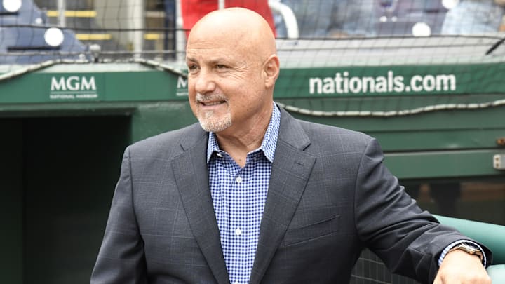 Jul 17, 2022; Washington, District of Columbia, USA; Washington Nationals general manager Mike Rizzo looks onto the field prior to the game between the Washington Nationals and the Atlanta Braves at Nationals Park. Jul 17, 2022; Washington, District of Columbia, USA; Washington Nationals general manager Mike Rizzo looks onto the field prior to the game between the Washington Nationals and the Atlanta Braves at Nationals Park.