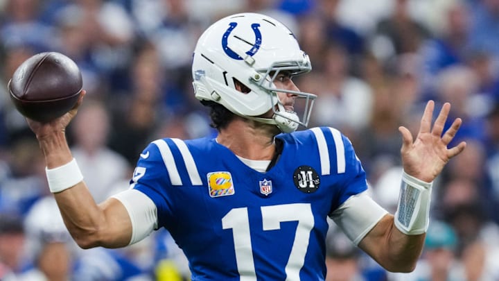 Indianapolis Colts quarterback Daniel Jones (17) looks to pass Sunday, Oct. 5, 2025, during a game against the Las Vegas Raiders at Lucas Oil Stadium in Indianapolis. Indianapolis Colts quarterback Daniel Jones (17) looks to pass Sunday, Oct. 5, 2025, during a game against the Las Vegas Raiders at Lucas Oil Stadium in Indianapolis.