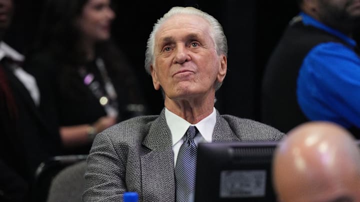 Dec 10, 2022; Miami, Florida, USA; Miami Heat team president Pat Riley looks on during the first half of a game against the San Antonio Spurs at FTX Arena. Mandatory Credit: Jim Rassol-Imagn Images