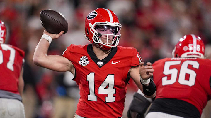 Nov 15, 2025; Athens, Georgia, USA; Georgia Bulldogs quarterback Gunner Stockton (14) throws a pass in the second half against the Texas Longhorns at Sanford Stadium. Mandatory Credit: Dale Zanine-Imagn Images