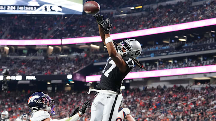 Jan 7, 2024; Paradise, Nevada, USA; Las Vegas Raiders wide receiver Davante Adams (17) misses a pass in the end zone against the Denver Broncos during the fourth quarter at Allegiant Stadium. Mandatory Credit: Stephen R. Sylvanie-Imagn Images