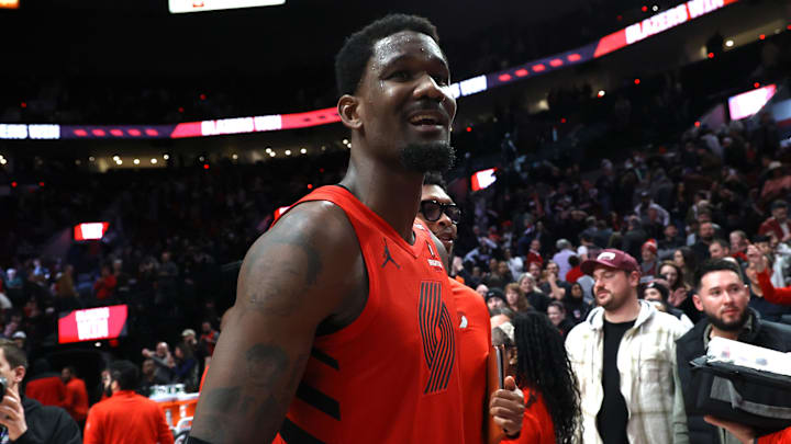 Feb 3, 2025; Portland, Oregon, USA;  Portland Trail Blazers center Deandre Ayton (2) reacts after helping secure a 121-119 overtime win against the Phoenix Suns at Moda Center. Mandatory Credit: Jaime Valdez-Imagn Images