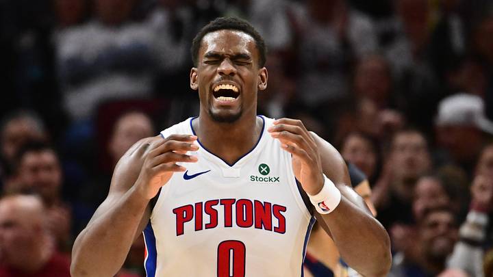 May 11, 2026; Cleveland, Ohio, USA; Detroit Pistons center Jalen Duren (0) reacts after a play against the Cleveland Cavaliers during the second half of game four in the second round of the 2026 NBA Playoffs at Rocket Arena. Mandatory Credit: Ken Blaze-Imagn Images
