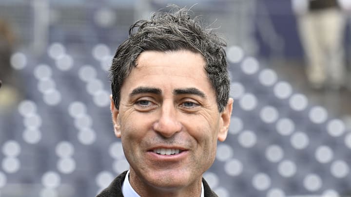 Mar 27, 2025; San Diego, California, USA; San Diego Padres general manager A.J. Preller looks on before an Opening Day baseball game between the San Diego Padres and the Atlanta Braves at Petco Park. Mandatory Credit: Denis Poroy-Imagn Images
