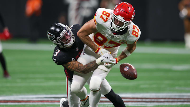 Sep 22, 2024; Atlanta, Georgia, USA; Atlanta Falcons safety Jessie Bates III (3) breaks up a pass intended for Kansas City Chiefs tight end Travis Kelce (87) in the fourth quarter at Mercedes-Benz Stadium. Mandatory Credit: Brett Davis-Imagn Images