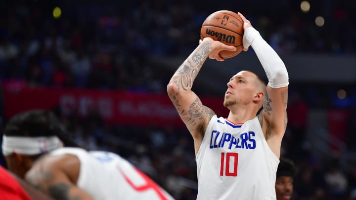 Apr 14, 2024; Los Angeles, California, USA; Los Angeles Clippers center Daniel Theis (10) shoots a free throw against the Houston Rockets during the second half at Crypto.com Arena. Mandatory Credit: Gary A. Vasquez-USA TODAY Sports