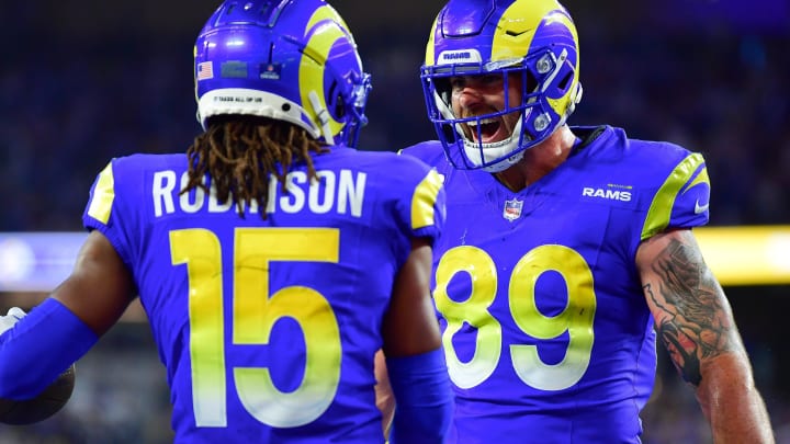 Dec 21, 2023; Inglewood, California, USA; Los Angeles Rams wide receiver Demarcus Robinson (15) celebrates his touchdown scored against the New Orleans Saints with tight end Tyler Higbee (89) during the first half at SoFi Stadium. Mandatory Credit: Gary A. Vasquez-USA TODAY Sports