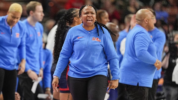 Mar 7, 2025; Greenville, SC, USA; Ole Miss Rebels head coach Yolett McPhee-McCuin reacts to a play during the first half against the Texas Longhorns at Bon Secours Wellness Arena. Mandatory Credit: Jim Dedmon-Imagn Images Mar 7, 2025; Greenville, SC, USA; Ole Miss Rebels head coach Yolett McPhee-McCuin reacts to a play during the first half against the Texas Longhorns at Bon Secours Wellness Arena. Mandatory Credit: Jim Dedmon-Imagn Images