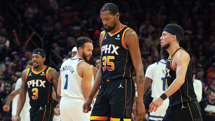Apr 26, 2024; Phoenix, Arizona, USA; Phoenix Suns guard Bradley Beal (3) and Phoenix Suns forward