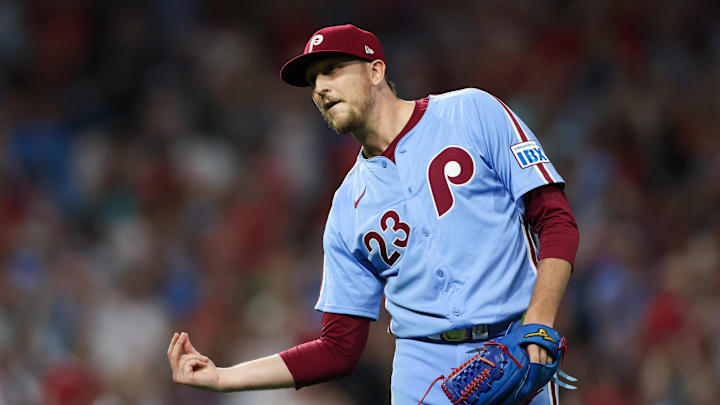 Aug 29, 2024; Philadelphia, Pennsylvania, USA; Philadelphia Phillies pitcher Jeff Hoffman (23) snaps his fingers in reaction to the final out in a victory against the Atlanta Braves at Citizens Bank Park. 