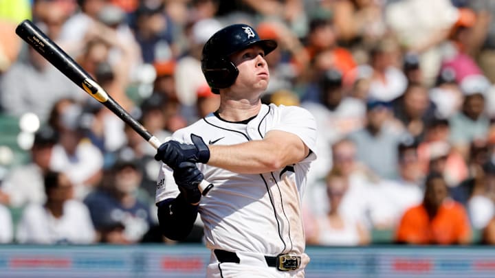 Sep 18, 2025; Detroit, Michigan, USA; Detroit Tigers infielder Colt Keith (33) hits an RBI double in the second inning against the Cleveland Guardians at Comerica Park. Sep 18, 2025; Detroit, Michigan, USA; Detroit Tigers infielder Colt Keith (33) hits an RBI double in the second inning against the Cleveland Guardians at Comerica Park.