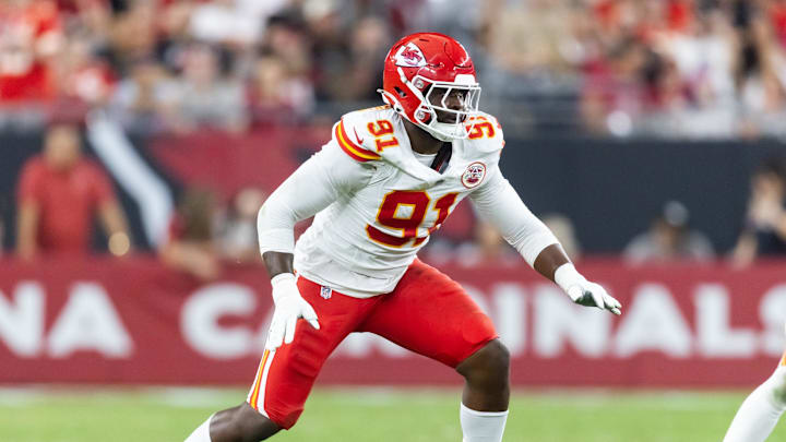 Aug 9, 2025; Glendale, Arizona, USA; Kansas City Chiefs defensive end Felix Anudike-Uzomah (91) against the Arizona Cardinals during a preseason NFL game at State Farm Stadium. Mandatory Credit: Mark J. Rebilas-Imagn Images