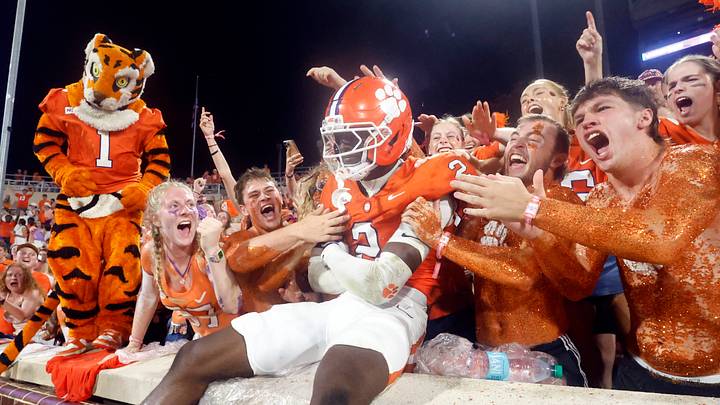 Sep 12, 2026; Clemson, South Carolina, USA; Clemson Tigers cornerback Ashton Hampton (2) celebrates with fans after a stop against the Georgia Southern Eagles during the second half at Memorial Stadium. Mandatory Credit: Butch Dill-Imagn Images Sep 12, 2026; Clemson, South Carolina, USA; Clemson Tigers cornerback Ashton Hampton (2) celebrates with fans after a stop against the Georgia Southern Eagles during the second half at Memorial Stadium. Mandatory Credit: Butch Dill-Imagn Images