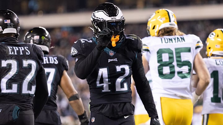 Nov 27, 2022; Philadelphia, Pennsylvania, USA; Philadelphia Eagles safety K'Von Wallace (42) reacts after breaking up a Green Bay Packers pass in the end zone during the fourth quarter at Lincoln Financial Field.