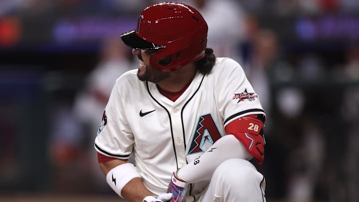 Jul 15, 2025; Cumberland, Georgia, USA; National League third baseman Eugenio Suarez (28) of the Arizona Diamondbacks reacts after getting hit by a pitch in the eighth inning during the 2025 MLB All Star Game at Truist Park Jul 15, 2025; Cumberland, Georgia, USA; National League third baseman Eugenio Suarez (28) of the Arizona Diamondbacks reacts after getting hit by a pitch in the eighth inning during the 2025 MLB All Star Game at Truist Park