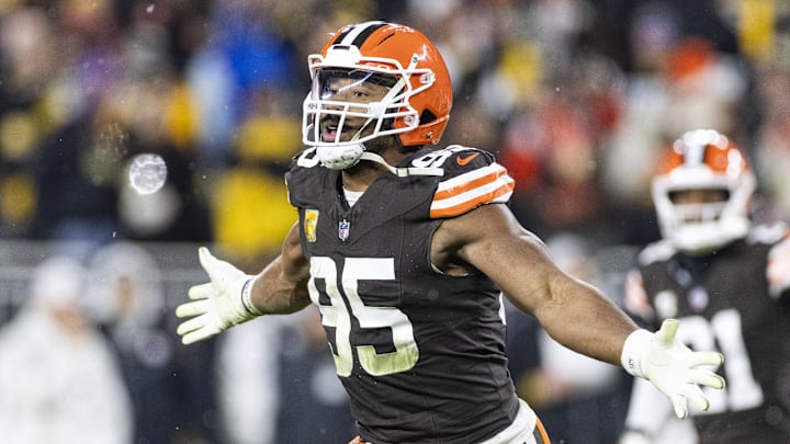 Nov 21, 2024; Cleveland, Ohio, USA; Cleveland Browns defensive end Myles Garrett (95) celebrates a team fumble recovery against the Pittsburgh Steelers during the second quarter at Huntington Bank Field Stadium. Mandatory Credit: Scott Galvin-Imagn Images