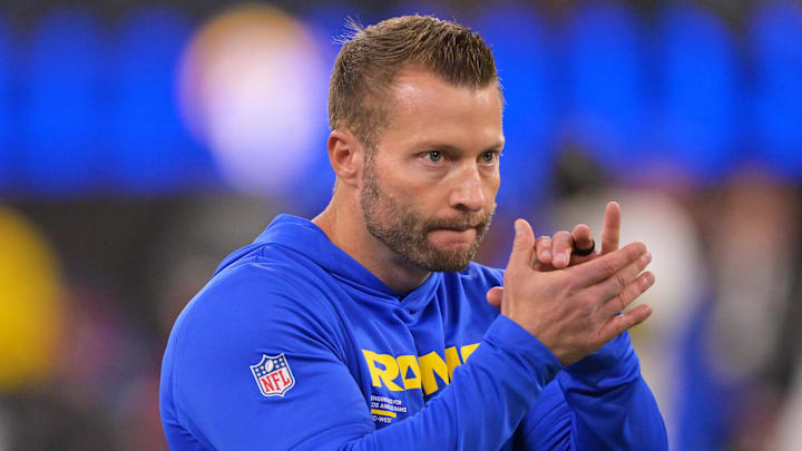 Nov 23, 2025; Inglewood, California, USA; Los Angeles Rams head coach Sean McVay looks on during warmups before the game against the Tampa Bay Buccaneers at SoFi Stadium. Mandatory Credit: Jayne Kamin-Oncea-Imagn Images