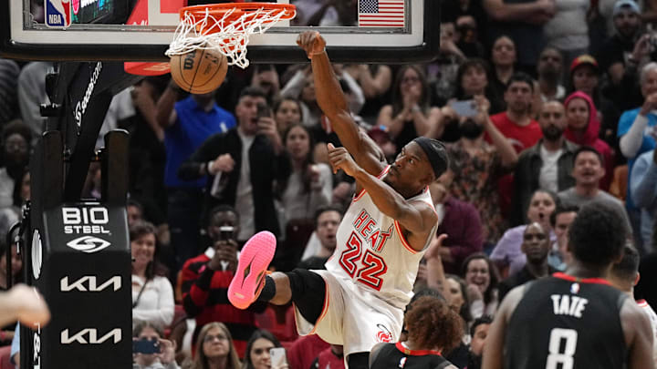 Feb 10, 2023; Miami, Florida, USA; Miami Heat forward Jimmy Butler (22) throws down a dunk with under a second left in the game against the Houston Rockets at Miami-Dade Arena. Mandatory Credit: Jim Rassol-Imagn Images Feb 10, 2023; Miami, Florida, USA; Miami Heat forward Jimmy Butler (22) throws down a dunk with under a second left in the game against the Houston Rockets at Miami-Dade Arena. Mandatory Credit: Jim Rassol-Imagn Images