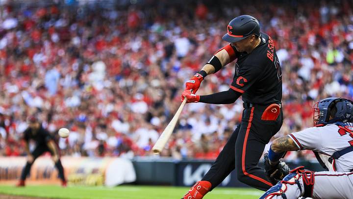 May 29, 2026; Cincinnati, Ohio, USA; Cincinnati Reds outfielder JJ Bleday (22) hits a single in the fifth inning against the Atlanta Braves at Great American Ball Park. Mandatory Credit: Katie Stratman-Imagn Images