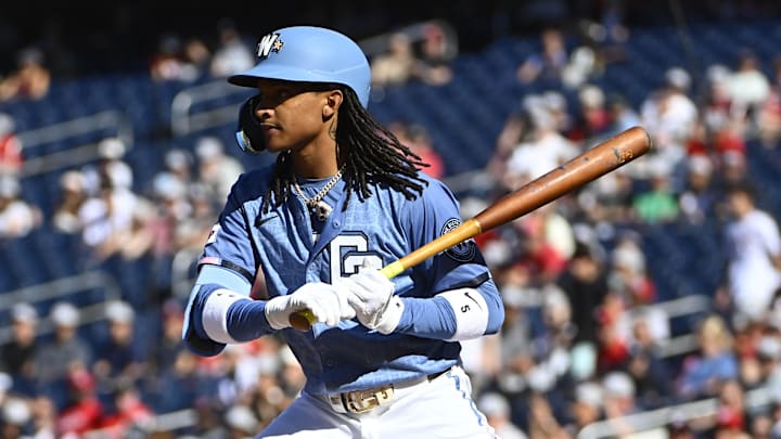 Aug 30, 2025; Washington, District of Columbia, USA; Washington Nationals shortstop CJ Abrams (5) at bat against the Tampa Bay Rays during the first inning at Nationals Park. Mandatory Credit: Brad Mills-Imagn Images