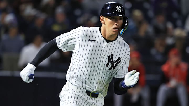 Feb 25, 2026; Tampa, Florida, USA; New York Yankees infielder George Lombard Jr (96) hits a two-RBI double during the fifth inning against the Washington Nationals at George M. Steinbrenner Field. Mandatory Credit: Kim Klement Neitzel-Imagn Images