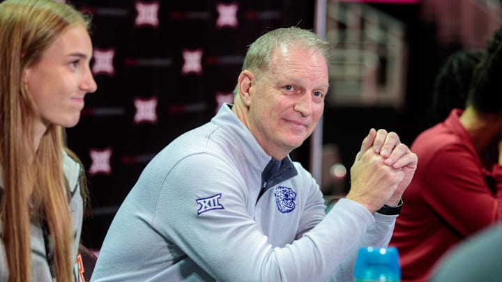 Oct 18, 2022; Kansas City, Missouri, US; Kansas State coach Jeff Mittie interviewed during the womens Big 12 Basketball Tipoff event at the T-Mobile Center. Mandatory Credit: William Purnell-Imagn Images