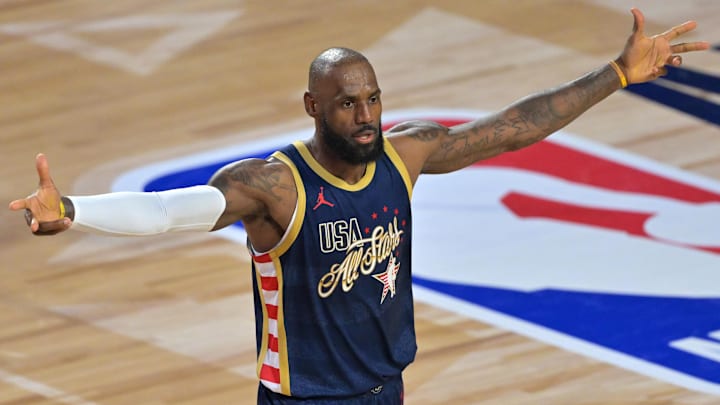 Feb 15, 2026; Inglewood, California, USA; Team USA Stripes forward LeBron James (23) of the Los Angeles Lakers celebrates after game two during the 75th NBA All Star Game at Intuit Dome. Mandatory Credit: Jayne Kamin-Oncea-Imagn Images
