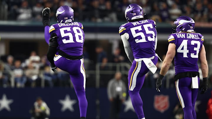 Dec 14, 2025; Arlington, Texas, USA; Minnesota Vikings linebacker Jonathan Greenard (58), linebacker Eric Wilson (55) and linebacker Andrew van Ginkel (43) celebrate after a play during the first half against the Dallas Cowboys at AT&T Stadium.