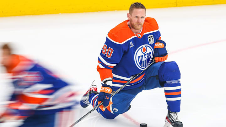 Jun 14, 2025; Edmonton, Alberta, CAN; Edmonton Oilers right wing Corey Perry (90) during the warmup period against the Florida Panthers in game five of the 2025 Stanley Cup Final at Rogers Place. Mandatory Credit: Sergei Belski-Imagn Images