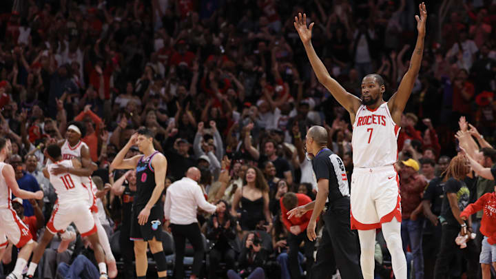 Mar 21, 2026; Houston, Texas, USA; Houston Rockets forward Kevin Durant (7) reacts to the win against the Miami Heat at Toyota Center. Mandatory Credit: Thomas Shea-Imagn Images Mar 21, 2026; Houston, Texas, USA; Houston Rockets forward Kevin Durant (7) reacts to the win against the Miami Heat at Toyota Center. Mandatory Credit: Thomas Shea-Imagn Images