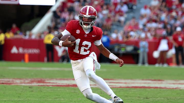 Nov 22, 2025; Tuscaloosa, Alabama, USA; Alabama Crimson Tide quarterback Keelon Russell (12) carries the ball during the second half against the Eastern Illinois Panthers at Saban Field at Bryant-Denny Stadium. Mandatory Credit: David Leong-Imagn Images