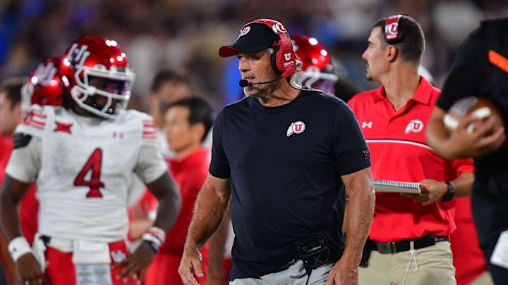 Aug 30, 2025; Pasadena, California, USA; Utah Utes head coach Kyle Whittingham watches game action against the UCLA Bruins during the first half at Rose Bowl. Aug 30, 2025; Pasadena, California, USA; Utah Utes head coach Kyle Whittingham watches game action against the UCLA Bruins during the first half at Rose Bowl.