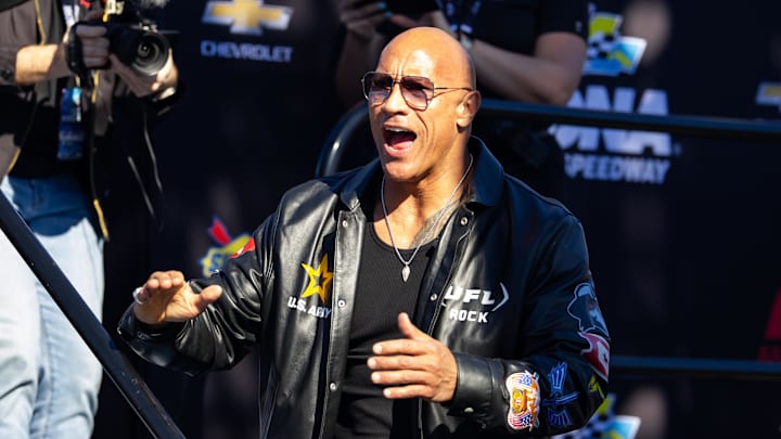 Feb 19, 2024; Daytona Beach, Florida, USA; Movie actor Dwayne Johnson aka The Rock in attendance of the NASCAR Cup Series Daytona 500 at Daytona International Speedway. Mandatory Credit: Mark J. Rebilas-Imagn Images