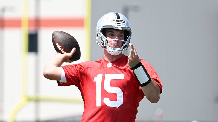 May 2, 2026; Henderson, NV, USA; Las Vegas Raiders quarterback Fernando Mendoza (15) runs through a drill during a Rookie Minicamp at Intermountain Health Performance Center. May 2, 2026; Henderson, NV, USA; Las Vegas Raiders quarterback Fernando Mendoza (15) runs through a drill during a Rookie Minicamp at Intermountain Health Performance Center.