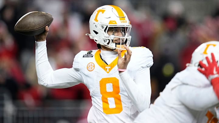 Tennessee Volunteers quarterback Nico Iamaleava (8) throws during the second half of the College Football Playoff first round game against the Ohio State Buckeyes at Ohio Stadium in Columbus on Dec. 22, 2024. Ohio State won 42-17. Tennessee Volunteers quarterback Nico Iamaleava (8) throws during the second half of the College Football Playoff first round game against the Ohio State Buckeyes at Ohio Stadium in Columbus on Dec. 22, 2024. Ohio State won 42-17.