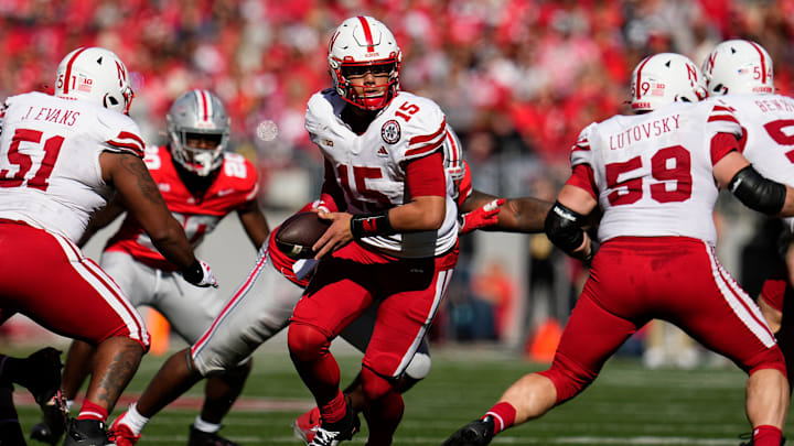 Nebraska Cornhuskers quarterback Dylan Raiola (15) looks to hand off during the second half of the NCAA football game against the Nebraska Cornhuskers at Ohio Stadium in Columbus on Saturday, Oct. 26, 2024. Ohio State won 21-17.