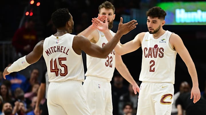 Dec 20, 2024; Cleveland, Ohio, USA; Cleveland Cavaliers guard Ty Jerome (2) celebrates with guard Donovan Mitchell (45) after hitting a three point basket during the first half against the Milwaukee Bucks at Rocket Mortgage FieldHouse. Mandatory Credit: Ken Blaze-Imagn Images Dec 20, 2024; Cleveland, Ohio, USA; Cleveland Cavaliers guard Ty Jerome (2) celebrates with guard Donovan Mitchell (45) after hitting a three point basket during the first half against the Milwaukee Bucks at Rocket Mortgage FieldHouse. Mandatory Credit: Ken Blaze-Imagn Images