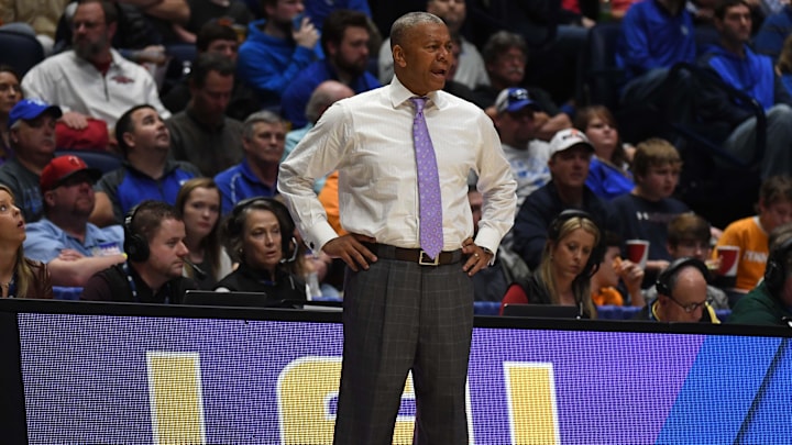 Mar 8, 2017; Nashville, TN, USA; LSU Tigers head coach Johnny Jones during the second half against the Mississippi State Bulldogs during the SEC Conference Tournament at Bridgestone Arena. Mississippi State won 79-52. Mandatory Credit: Christopher Hanewinckel-Imagn Images