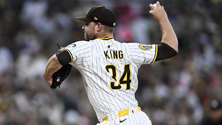 Oct 8, 2024; San Diego, California, USA; San Diego Padres pitcher Michael King (34) throws in the first inning during game three of the NLDS for the 2024 MLB Playoffs against the Los Angeles Dodgers at Petco Park.  